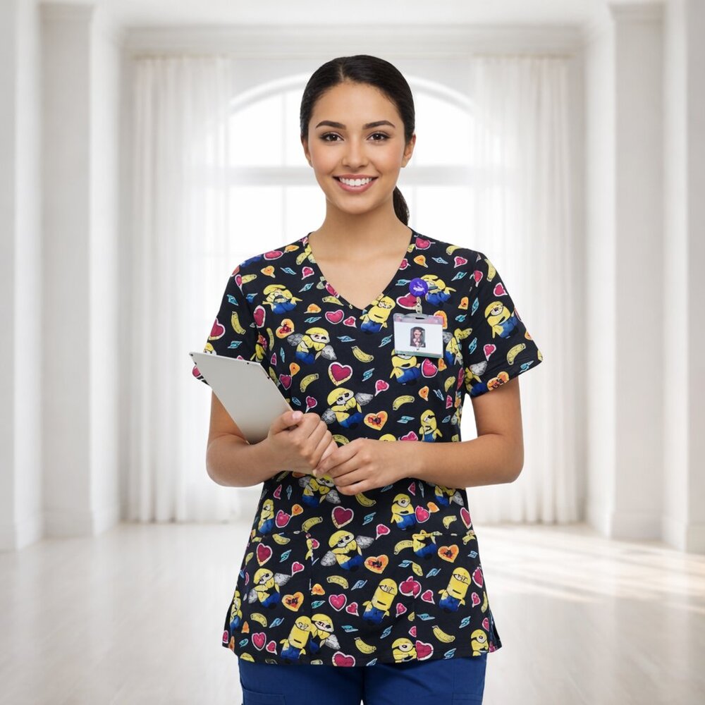 Despicable Me Minions Scrub Top Medium | Cartoon Hearts Bananas Nurse Uniform